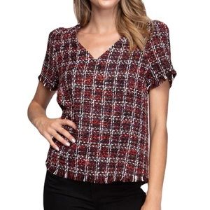 NEW Naked Zebra Womens Size Large Tweed Fringe V-Neck Top Red Black White Plaid